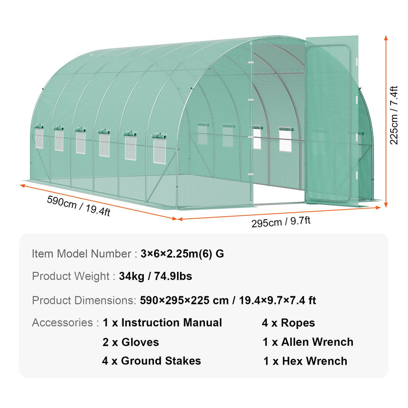 VEVOR pārnēsājama augu siltumnīca 5,90x2,95x2,25 m, galvanizēts rāmis, PE pārklājums, zaļa