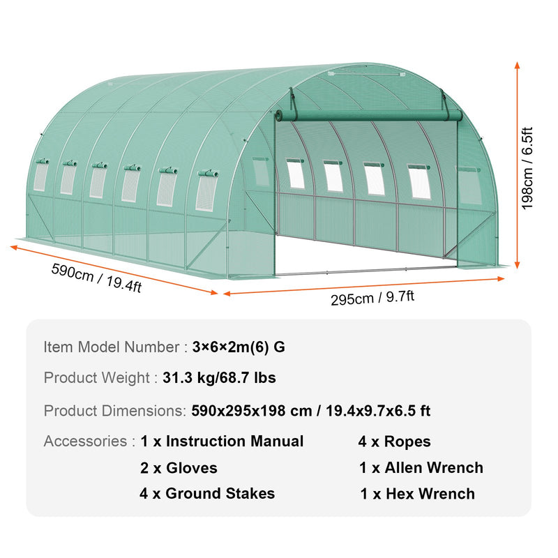 VEVOR pārnēsājama augu siltumnīca 5,89x2,95x1,98 m, galvanizēts rāmis, PE pārklājums, zaļa