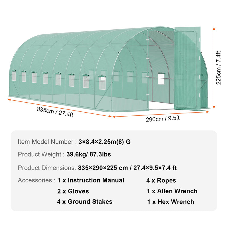 VEVOR pārnēsājama augu siltumnīca 8,34 x 2,9 x 2,25 m, galvanizēts rāmis, PE pārklājums, zaļa