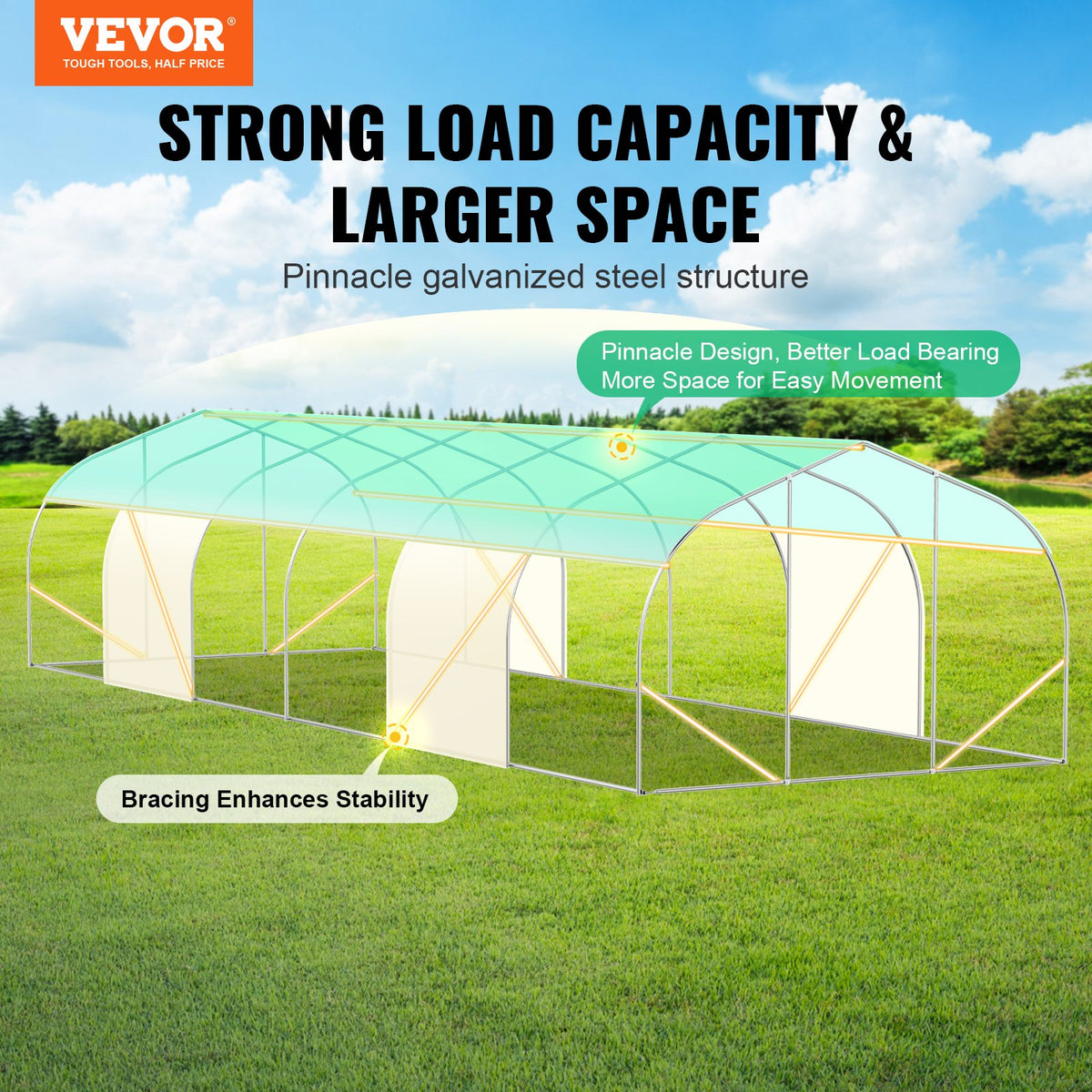 VEVOR pārnēsājama augu siltumnīca 9 x 3 x 2 m, galvanizēts rāmis, PE pārklājums, zaļa