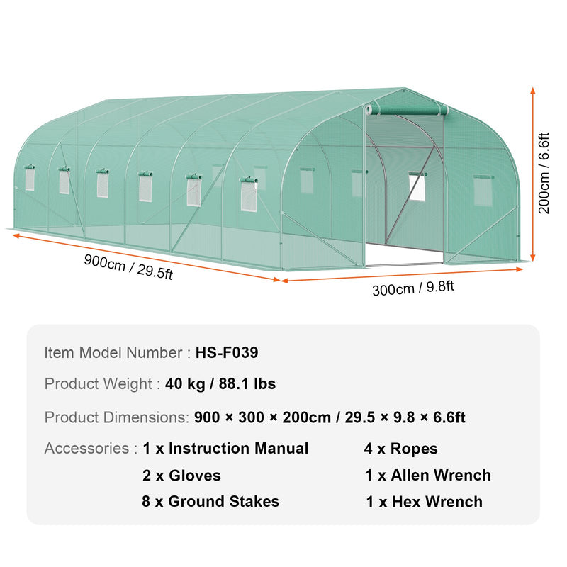 VEVOR pārnēsājama augu siltumnīca 9 x 3 x 2 m, galvanizēts rāmis, PE pārklājums, zaļa