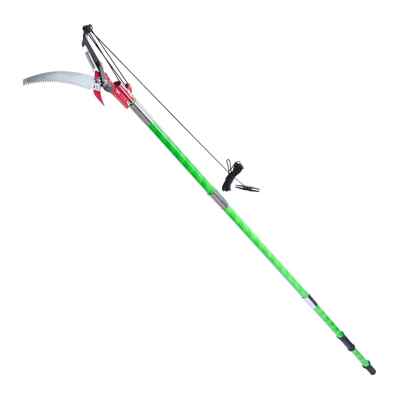 Manuālais teleskopiskais zaru zāģis ar šķērēm 118–809 cm, ar asmeni no 65Mn tērauda, vieglu stiklašķiedras kātu, paredzēts augstu zaru, palmu un krūmu apgriešanai