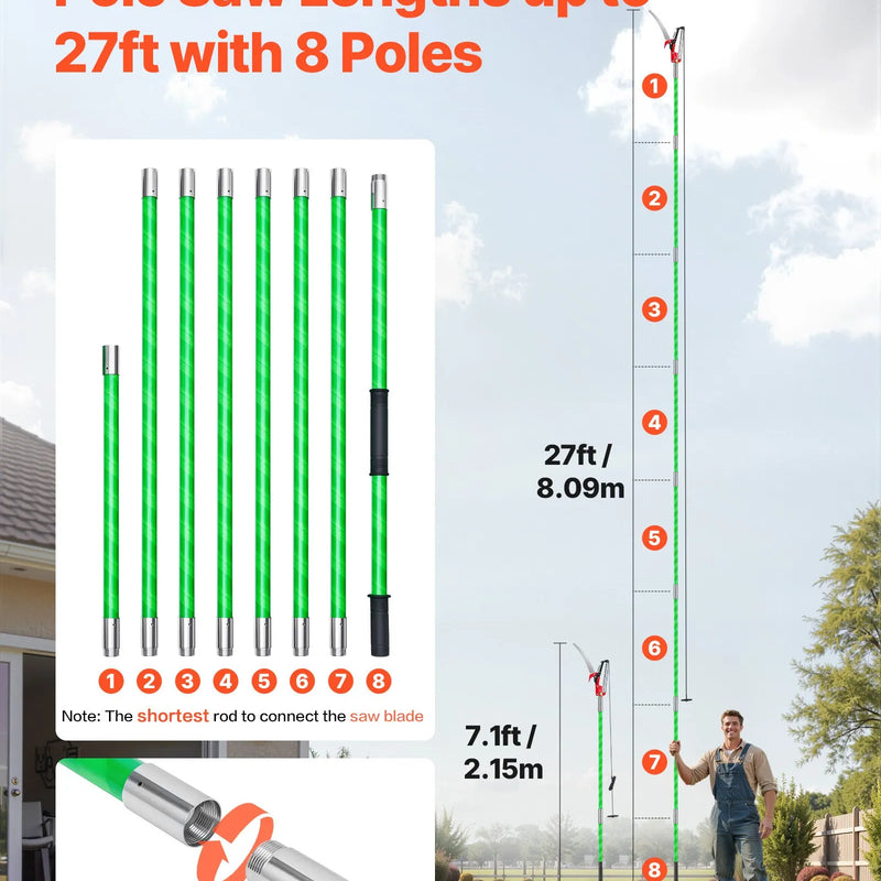 Manuālais teleskopiskais zaru zāģis ar šķērēm 118-809 cm, ar asmeni no 65Mn tērauda, vieglu stiklašķiedras kātu, paredzēts augstu zaru, palmu un krūmu apgriešanai
