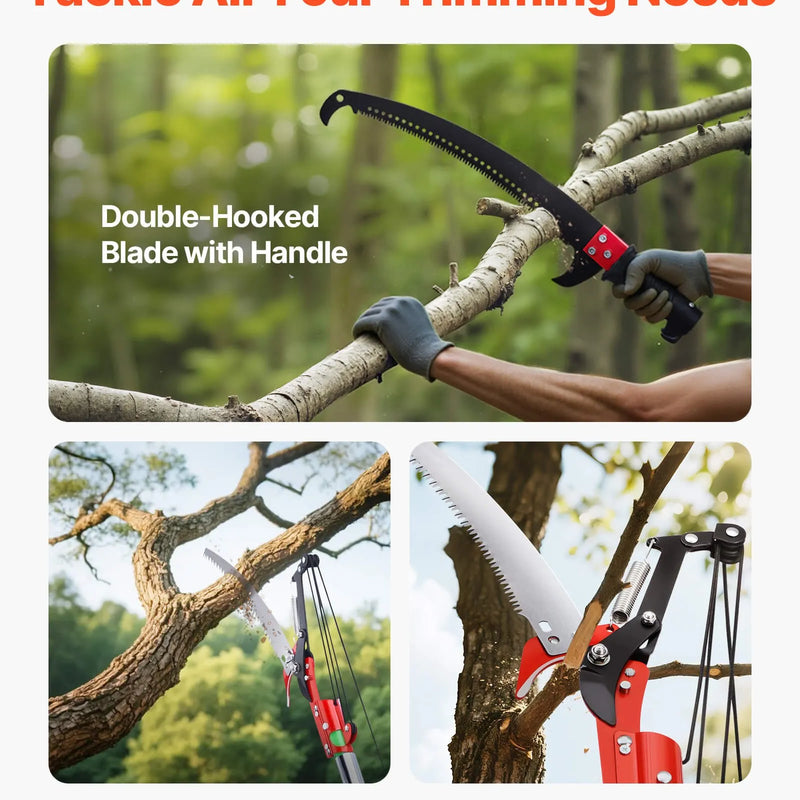 Manuālais teleskopiskais zaru zāģis ar šķērēm 118-809 cm, ar asmeni no 65Mn tērauda, vieglu stiklašķiedras kātu, paredzēts augstu zaru, palmu un krūmu apgriešanai