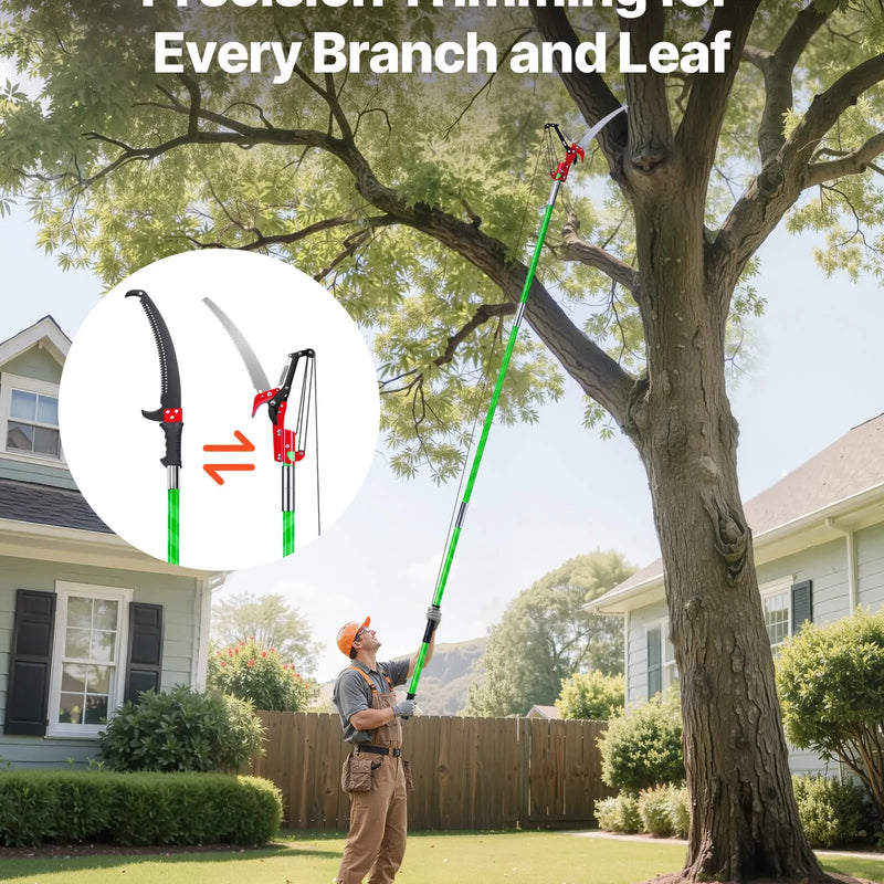 Manuālais teleskopiskais zaru zāģis ar šķērēm 118-809 cm, ar asmeni no 65Mn tērauda, vieglu stiklašķiedras kātu, paredzēts augstu zaru, palmu un krūmu apgriešanai