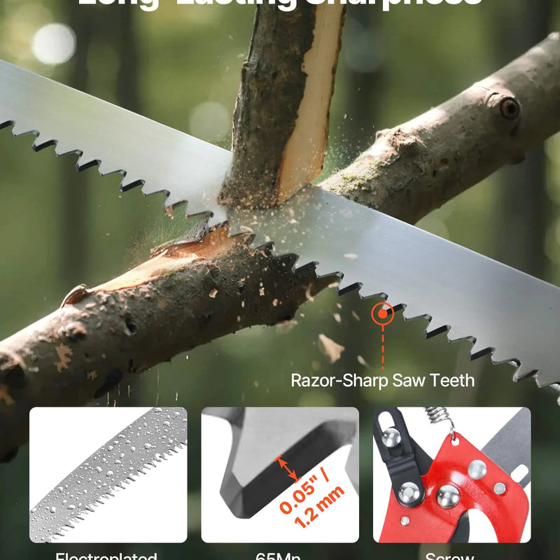 Manuālais teleskopiskais zaru zāģis ar šķērēm 118-809 cm, ar asmeni no 65Mn tērauda, vieglu stiklašķiedras kātu, paredzēts augstu zaru, palmu un krūmu apgriešanai