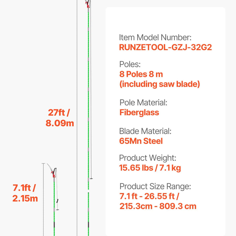 Manuālais teleskopiskais zaru zāģis ar šķērēm 118-809 cm, ar asmeni no 65Mn tērauda, vieglu stiklašķiedras kātu, paredzēts augstu zaru, palmu un krūmu apgriešanai
