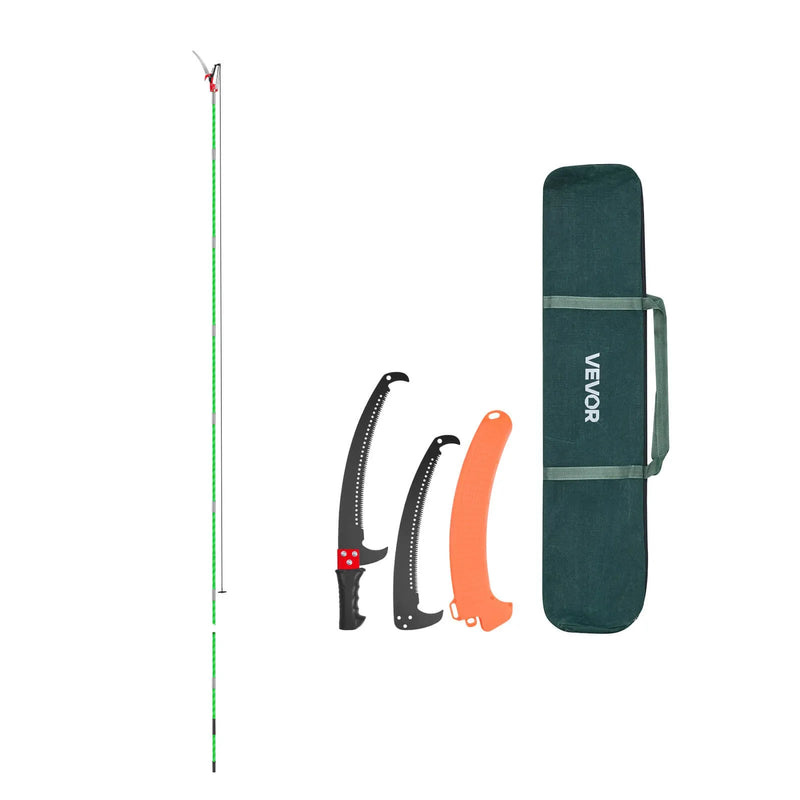 Manuālais teleskopiskais zaru zāģis ar šķērēm 118–809 cm, ar asmeni no 65Mn tērauda, vieglu stiklašķiedras kātu, paredzēts augstu zaru, palmu un krūmu apgriešanai
