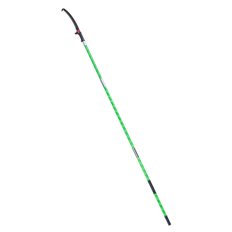 Manuālais teleskopiskais zaru zāģis 118–809 cm, ar asmeni no 65Mn tērauda, vieglu stiklašķiedras kātu un dubulto āķveida zāģa asmeni, paredzēts augstu zaru, palmu un krūmu apgriešanai