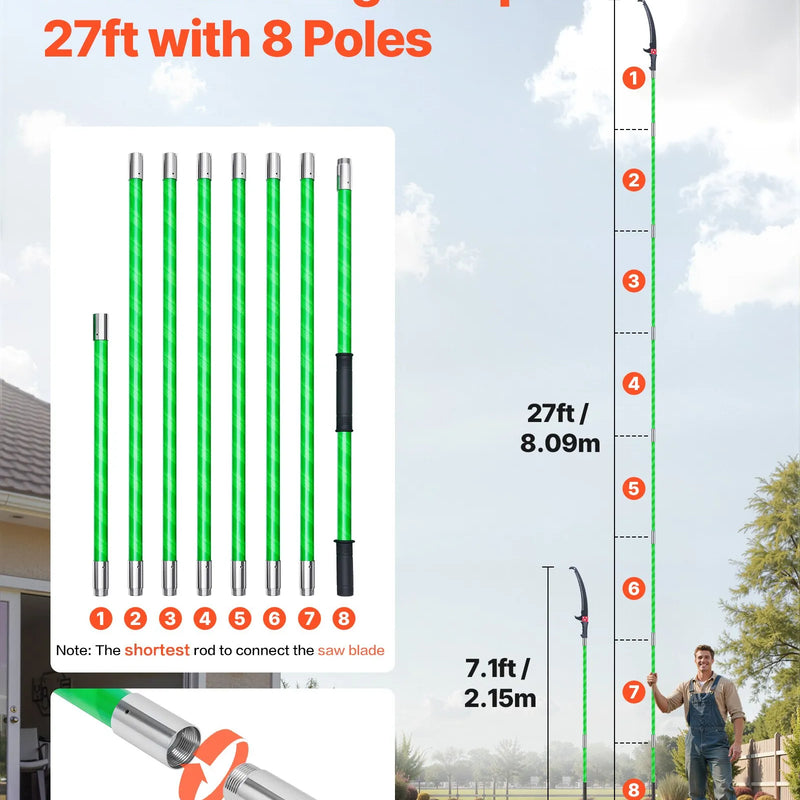 Manuālais teleskopiskais zaru zāģis 118-809 cm, ar asmeni no 65Mn tērauda, vieglu stiklašķiedras kātu un dubulto āķveida zāģa asmeni, paredzēts augstu zaru, palmu un krūmu apgriešanai