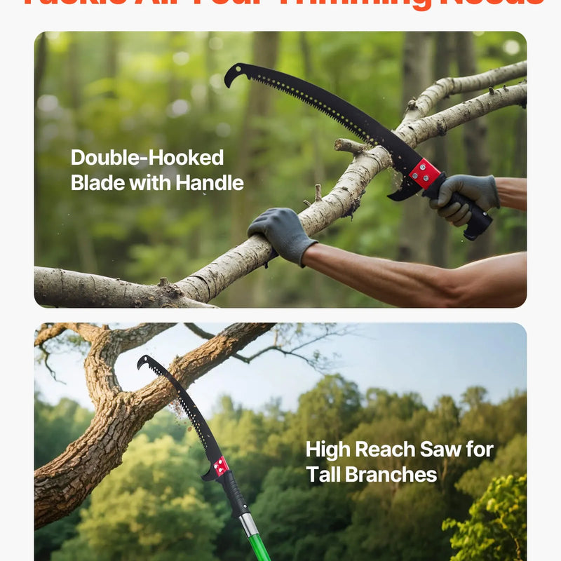 Manuālais teleskopiskais zaru zāģis 118-809 cm, ar asmeni no 65Mn tērauda, vieglu stiklašķiedras kātu un dubulto āķveida zāģa asmeni, paredzēts augstu zaru, palmu un krūmu apgriešanai