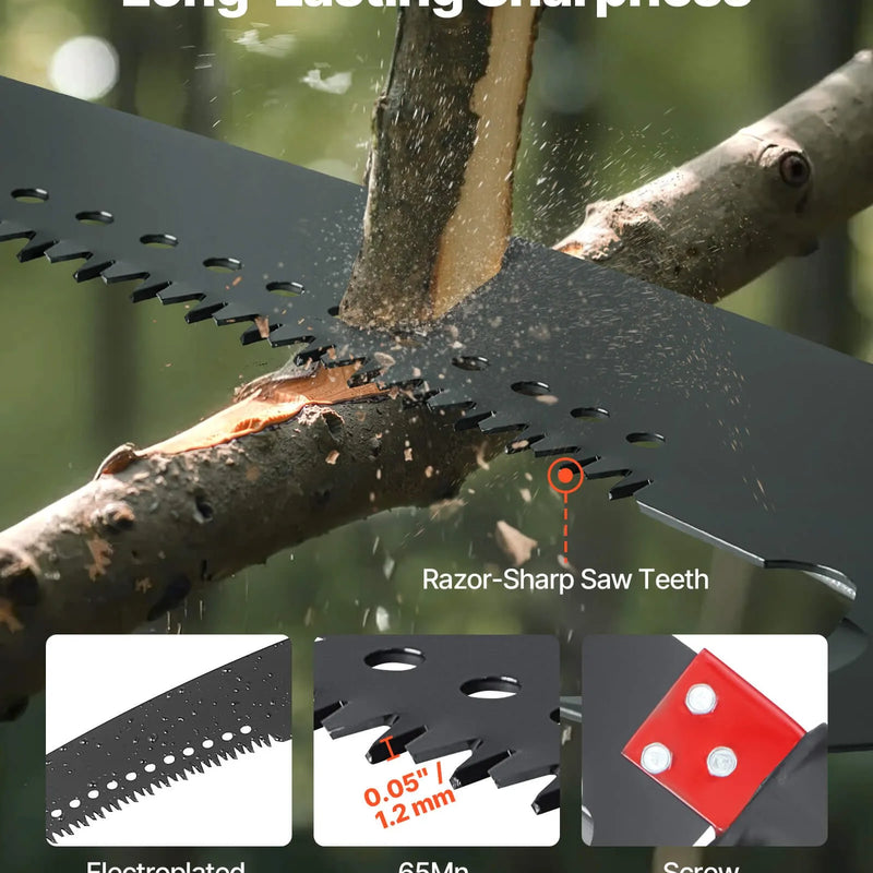 Manuālais teleskopiskais zaru zāģis 118-809 cm, ar asmeni no 65Mn tērauda, vieglu stiklašķiedras kātu un dubulto āķveida zāģa asmeni, paredzēts augstu zaru, palmu un krūmu apgriešanai