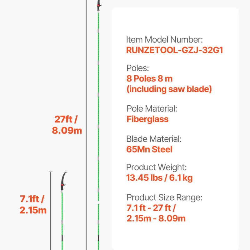 Manuālais teleskopiskais zaru zāģis 118-809 cm, ar asmeni no 65Mn tērauda, vieglu stiklašķiedras kātu un dubulto āķveida zāģa asmeni, paredzēts augstu zaru, palmu un krūmu apgriešanai