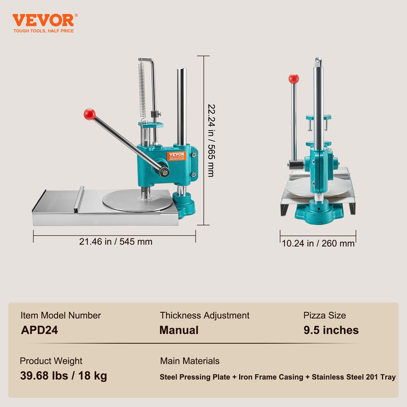 VEVOR Manuālā Picas Mīklas Prese – 24 cm, Nerūsējošais Tērauds, Regulējams Augstums