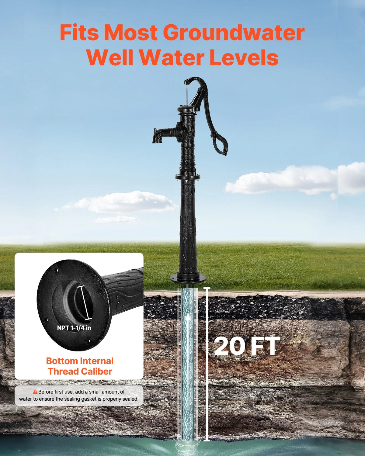 VEVOR Antique Cast Iron Hand Well Water Pump with Elevated Base, Maximum Pumping Height 6 m, 32 mm NPT Connection, Easy Installation, Suitable for Garden, Pond, Yard and Farm, Black