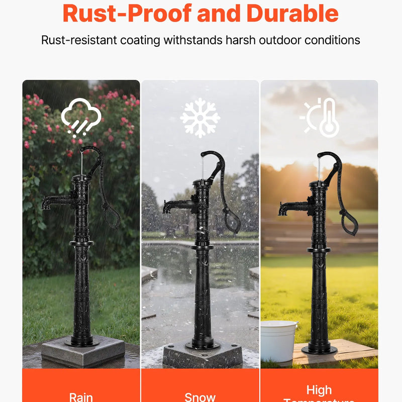 VEVOR antīks rokas akas ūdens sūknis no čuguna ar paaugstinošu pamatni, maksimālais sūknēšanas augstums 6 m, NPT 32 mm pieslēgums, vienkārša uzstādīšana, piemērots dārzam, dīķim, pagalmam un saimniecībai, melns