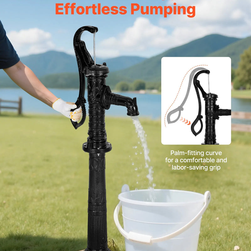 VEVOR antīks rokas akas ūdens sūknis no čuguna ar paaugstinošu pamatni, maksimālais sūknēšanas augstums 6 m, NPT 32 mm pieslēgums, vienkārša uzstādīšana, piemērots dārzam, dīķim, pagalmam un saimniecībai, melns
