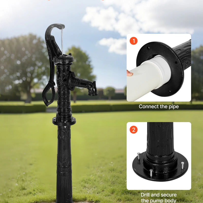 VEVOR antīks rokas akas ūdens sūknis no čuguna ar paaugstinošu pamatni, maksimālais sūknēšanas augstums 6 m, NPT 32 mm pieslēgums, vienkārša uzstādīšana, piemērots dārzam, dīķim, pagalmam un saimniecībai, melns