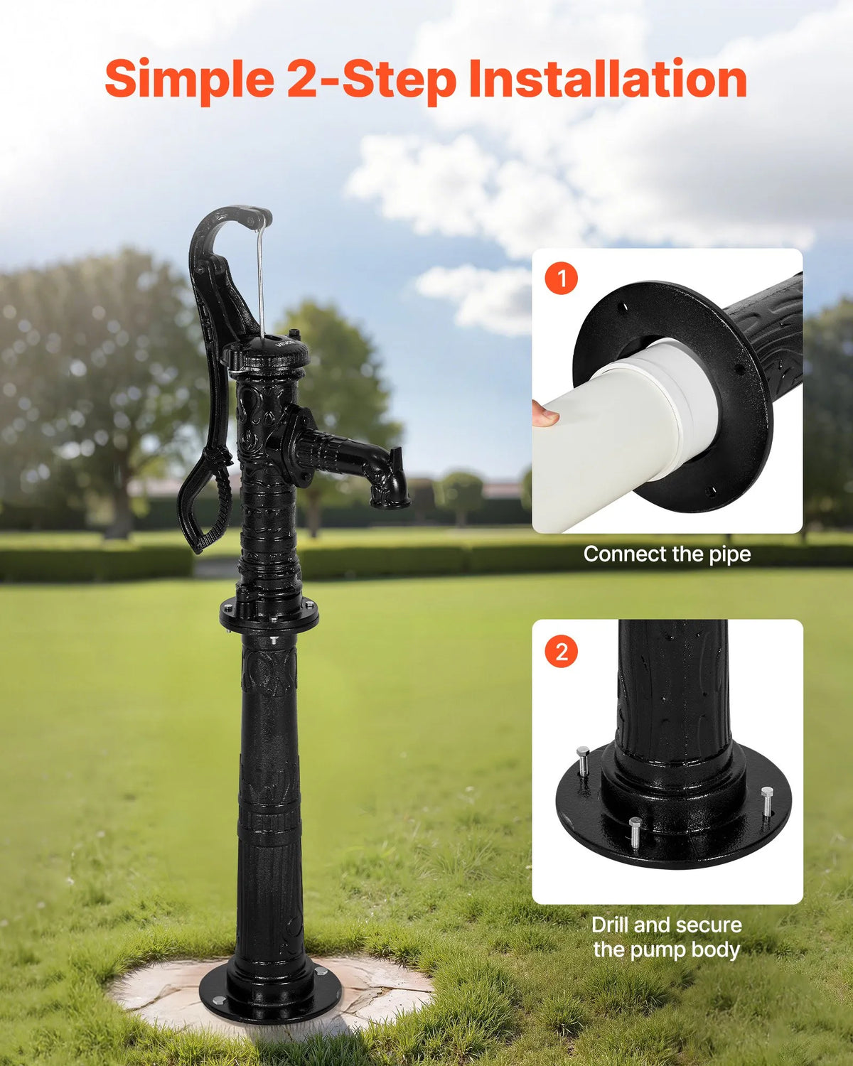 VEVOR Antique Cast Iron Hand Well Water Pump with Elevated Base, Maximum Pumping Height 6 m, 32 mm NPT Connection, Easy Installation, Suitable for Garden, Pond, Yard and Farm, Black