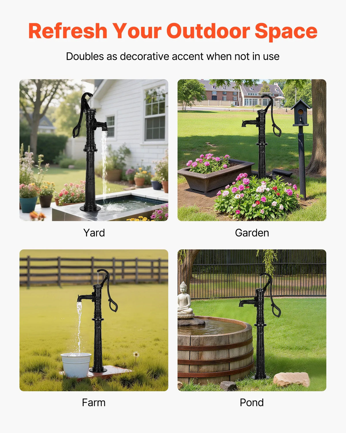 VEVOR Antique Cast Iron Hand Well Water Pump with Elevated Base, Maximum Pumping Height 6 m, 32 mm NPT Connection, Easy Installation, Suitable for Garden, Pond, Yard and Farm, Black