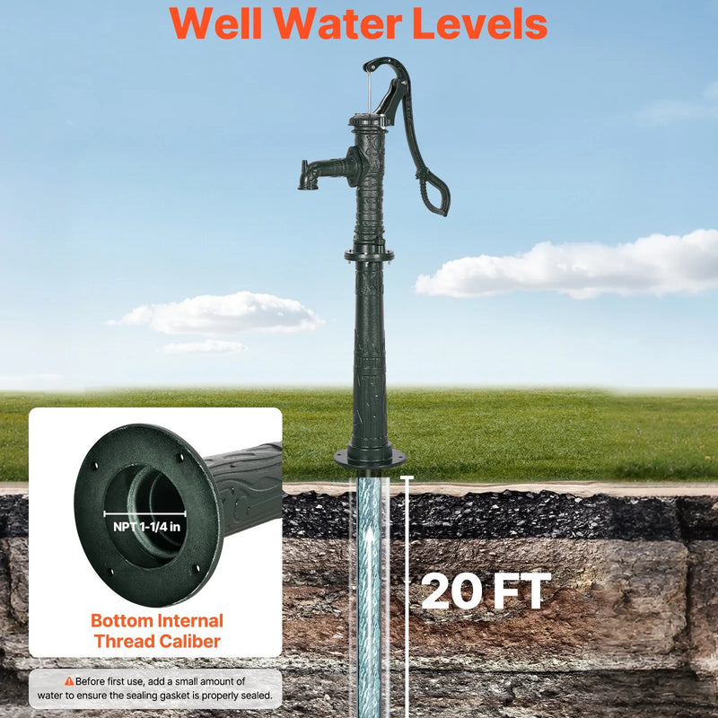 VEVOR antīks rokas akas ūdens sūknis no čuguna ar paaugstinošu pamatni, maksimālais sūknēšanas augstums 6 m, NPT 32 mm pieslēgums, vienkārša uzstādīšana, piemērots dārzam, dīķim, pagalmam un saimniecībai, zaļš
