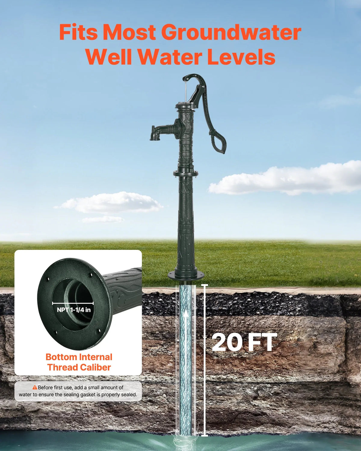 VEVOR Antique Cast Iron Hand Well Water Pump with Elevated Base, Maximum Pumping Height 6 m, 32 mm NPT Connection, Easy Installation, Suitable for Garden, Pond, Yard and Farm, Green