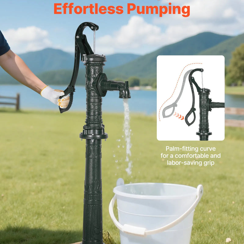 VEVOR antīks rokas akas ūdens sūknis no čuguna ar paaugstinošu pamatni, maksimālais sūknēšanas augstums 6 m, NPT 32 mm pieslēgums, vienkārša uzstādīšana, piemērots dārzam, dīķim, pagalmam un saimniecībai, zaļš