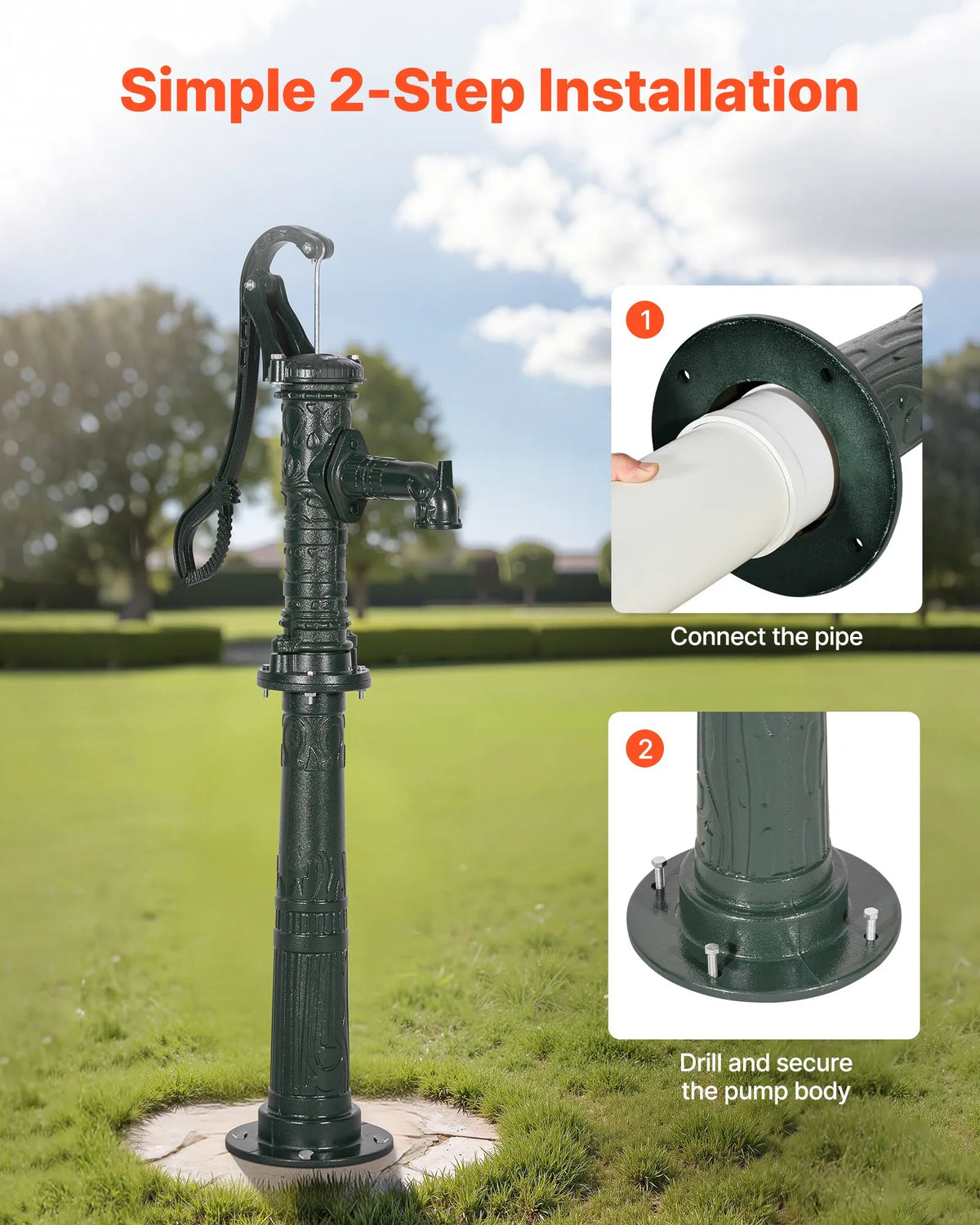 VEVOR Antique Cast Iron Hand Well Water Pump with Elevated Base, Maximum Pumping Height 6 m, 32 mm NPT Connection, Easy Installation, Suitable for Garden, Pond, Yard and Farm, Green