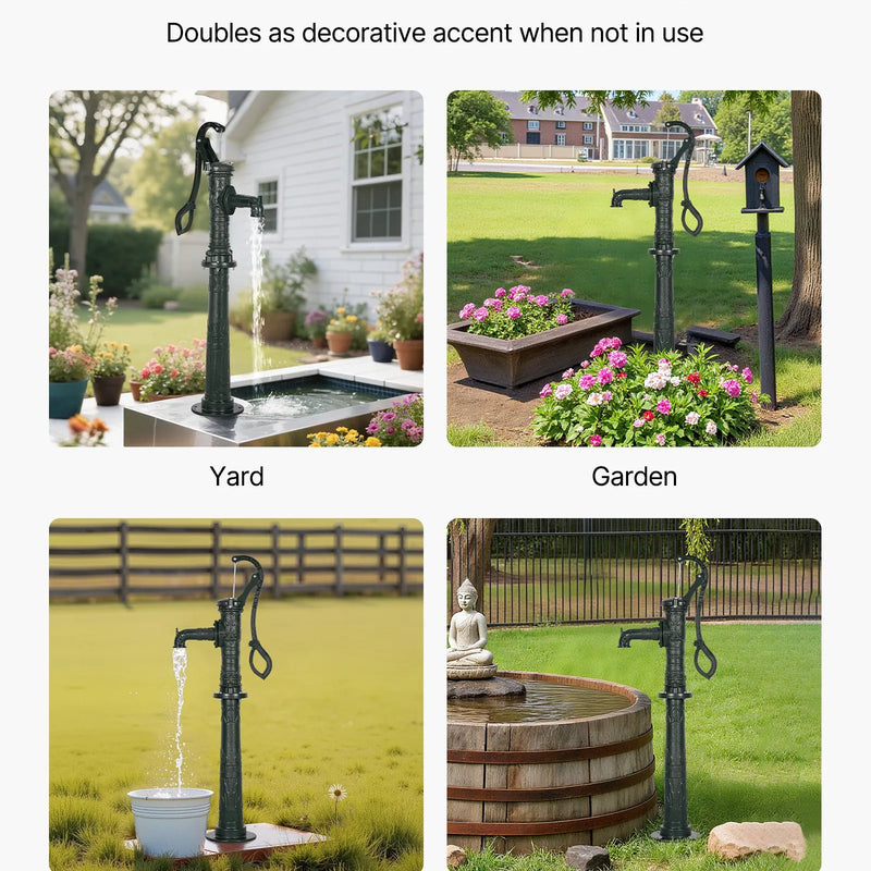 VEVOR antīks rokas akas ūdens sūknis no čuguna ar paaugstinošu pamatni, maksimālais sūknēšanas augstums 6 m, NPT 32 mm pieslēgums, vienkārša uzstādīšana, piemērots dārzam, dīķim, pagalmam un saimniecībai, zaļš