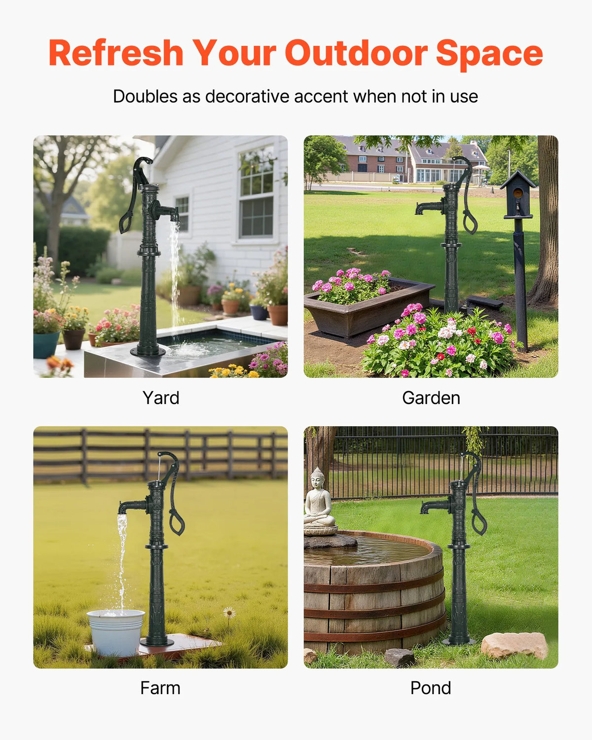 VEVOR Antique Cast Iron Hand Well Water Pump with Elevated Base, Maximum Pumping Height 6 m, 32 mm NPT Connection, Easy Installation, Suitable for Garden, Pond, Yard and Farm, Green