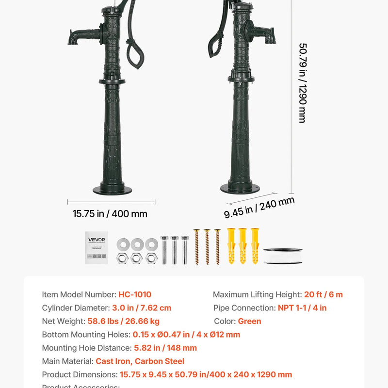 VEVOR antīks rokas akas ūdens sūknis no čuguna ar paaugstinošu pamatni, maksimālais sūknēšanas augstums 6 m, NPT 32 mm pieslēgums, vienkārša uzstādīšana, piemērots dārzam, dīķim, pagalmam un saimniecībai, zaļš