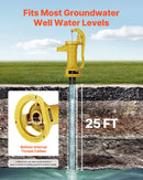 VEVOR antīks rokas akas ūdens sūknis no čuguna ar manuālu darbību, maksimālais sūknēšanas augstums 7,6 m, NPT 32 mm pieslēgums, vienkārša uzstādīšana, piemērots dārzam, dīķim, pagalmam un saimniecībai, dzeltens