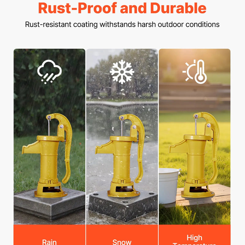 VEVOR antīks rokas akas ūdens sūknis no čuguna ar manuālu darbību, maksimālais sūknēšanas augstums 7,6 m, NPT 32 mm pieslēgums, vienkārša uzstādīšana, piemērots dārzam, dīķim, pagalmam un saimniecībai, dzeltens