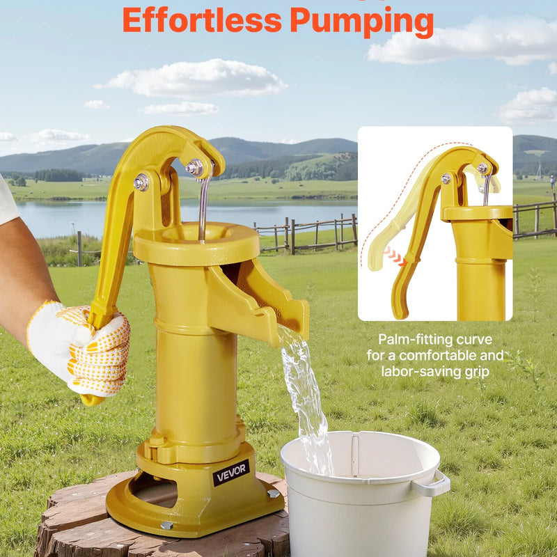 VEVOR antīks rokas akas ūdens sūknis no čuguna ar manuālu darbību, maksimālais sūknēšanas augstums 7,6 m, NPT 32 mm pieslēgums, vienkārša uzstādīšana, piemērots dārzam, dīķim, pagalmam un saimniecībai, dzeltens