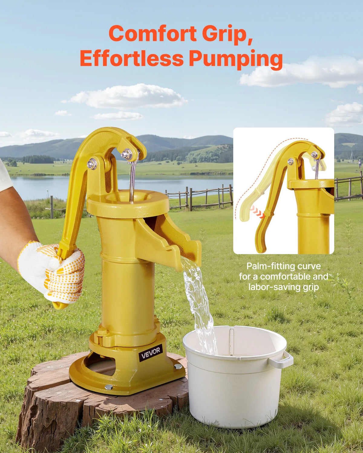 VEVOR Antique Cast Iron Hand Well Water Pump with Manual Operation, Maximum Pumping Height 7.6 m, 32 mm NPT Connection, Easy Installation, Suitable for Garden, Pond, Yard and Farm, Yellow