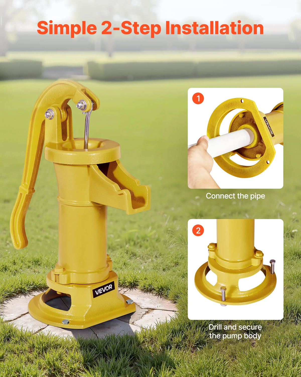 VEVOR Antique Cast Iron Hand Well Water Pump with Manual Operation, Maximum Pumping Height 7.6 m, 32 mm NPT Connection, Easy Installation, Suitable for Garden, Pond, Yard and Farm, Yellow