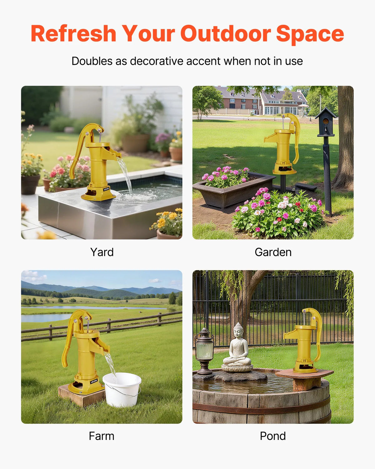 VEVOR Antique Cast Iron Hand Well Water Pump with Manual Operation, Maximum Pumping Height 7.6 m, 32 mm NPT Connection, Easy Installation, Suitable for Garden, Pond, Yard and Farm, Yellow