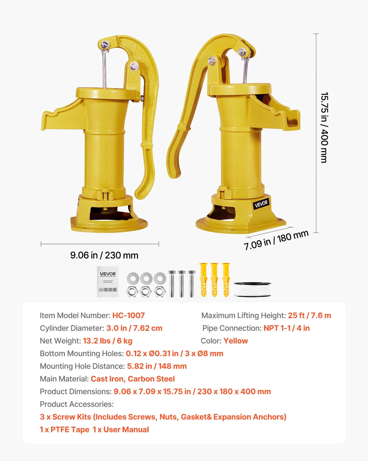VEVOR Antique Cast Iron Hand Well Water Pump with Manual Operation, Maximum Pumping Height 7.6 m, 32 mm NPT Connection, Easy Installation, Suitable for Garden, Pond, Yard and Farm, Yellow