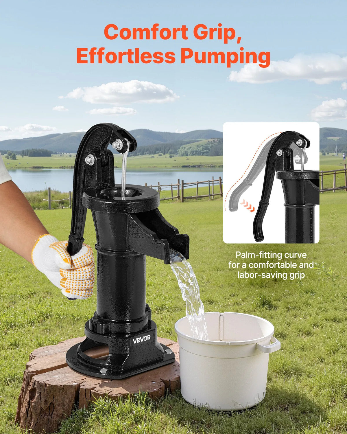 VEVOR Manual Cast Iron Well Hand Pump, Lifting Height up to 7.6 m, NPT 1¼″ Connection, Antique Design Water Pump for Outdoor Use in Garden, Pond, Yard and Farm, Black