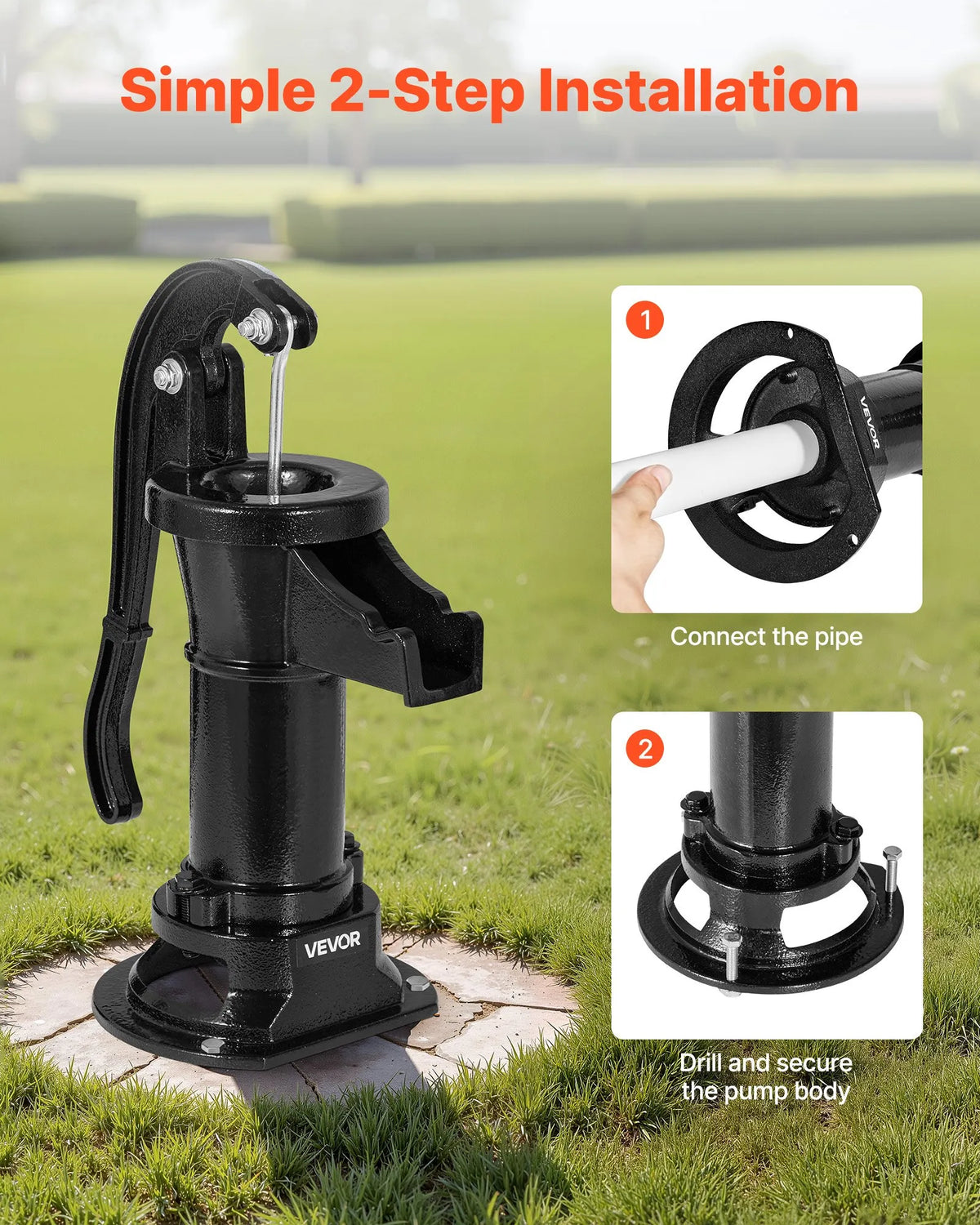 VEVOR Manual Cast Iron Well Hand Pump, Lifting Height up to 7.6 m, NPT 1¼″ Connection, Antique Design Water Pump for Outdoor Use in Garden, Pond, Yard and Farm, Black