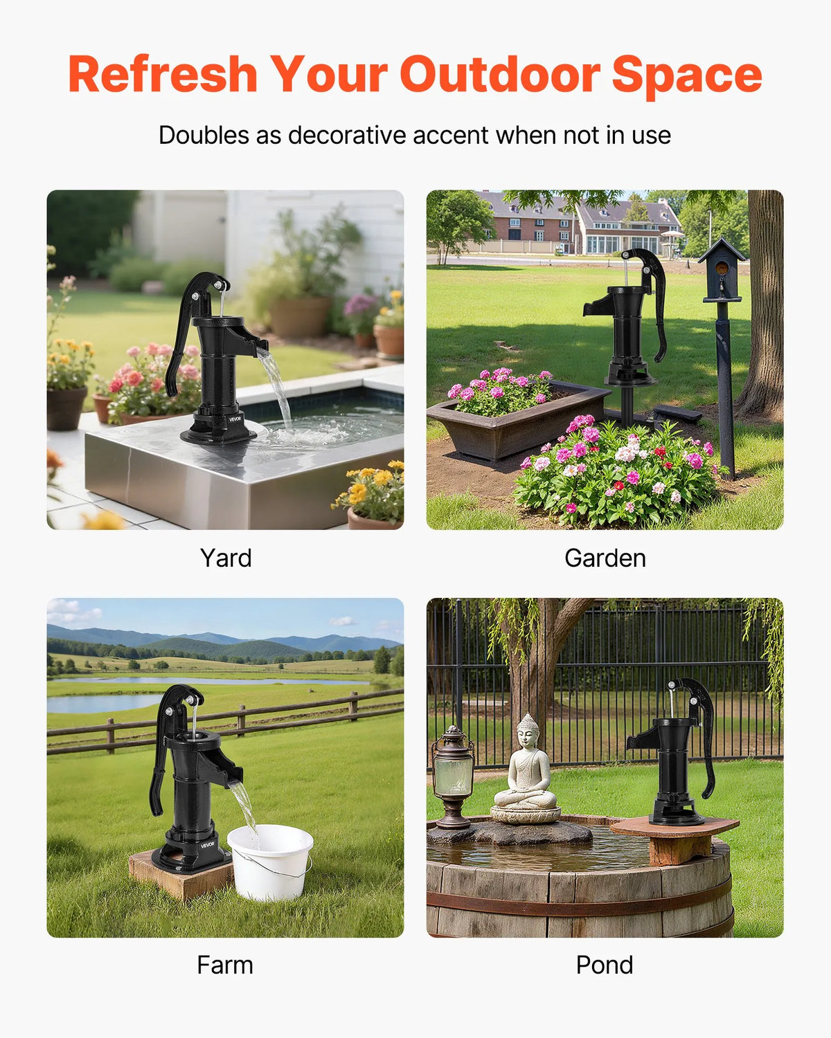 VEVOR Manual Cast Iron Well Hand Pump, Lifting Height up to 7.6 m, NPT 1¼″ Connection, Antique Design Water Pump for Outdoor Use in Garden, Pond, Yard and Farm, Black