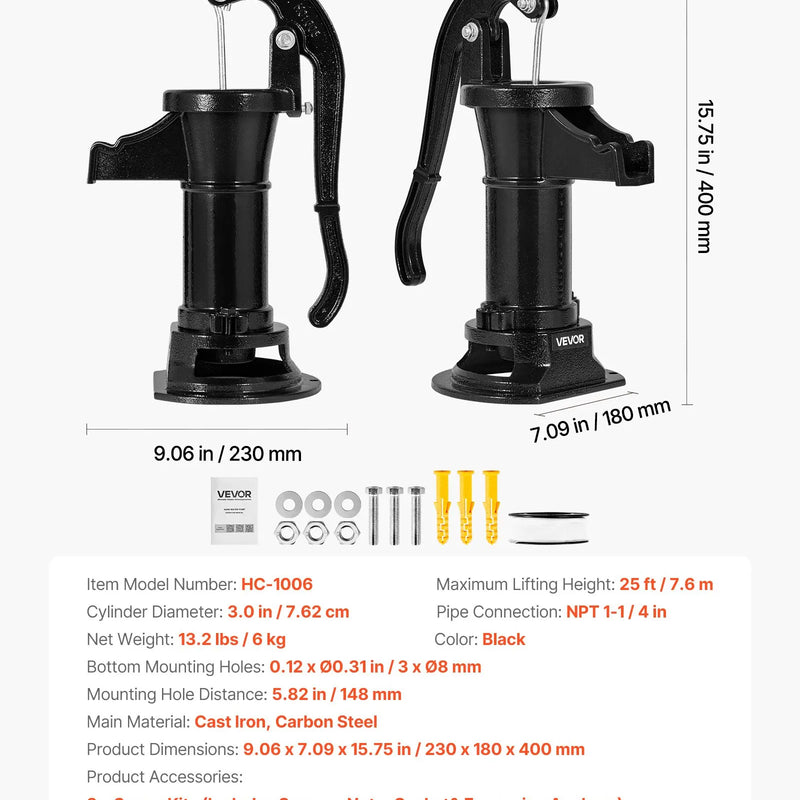 VEVOR manuālais akas rokas sūknis no čuguna, pacelšanas augstums līdz 7,6 m, NPT 1¼″ pieslēgums, antīka dizaina ūdens sūknis āra lietošanai dārzā, dīķī, pagalmā un saimniecībā, melnā krāsā
