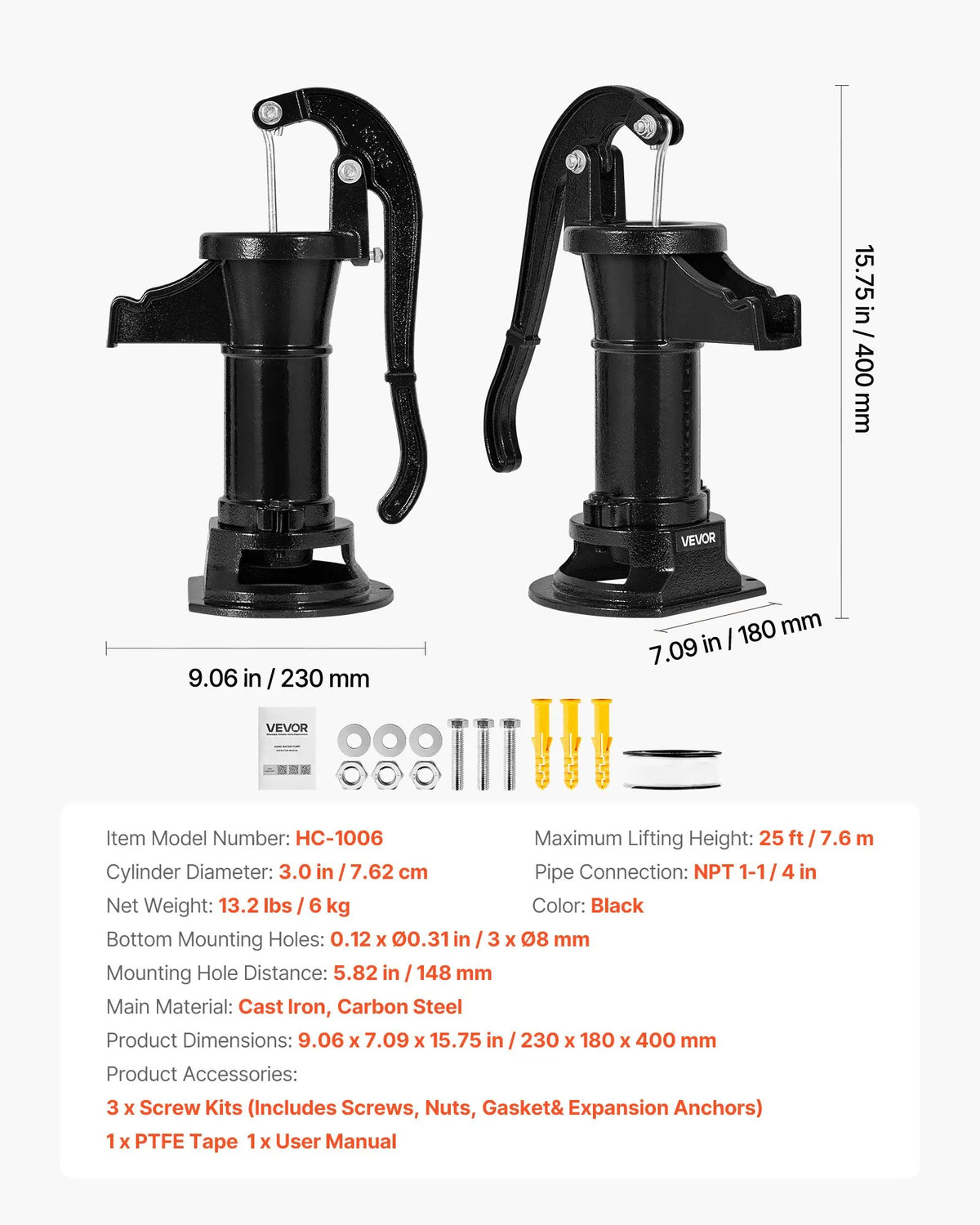 VEVOR Manual Cast Iron Well Hand Pump, Lifting Height up to 7.6 m, NPT 1¼″ Connection, Antique Design Water Pump for Outdoor Use in Garden, Pond, Yard and Farm, Black