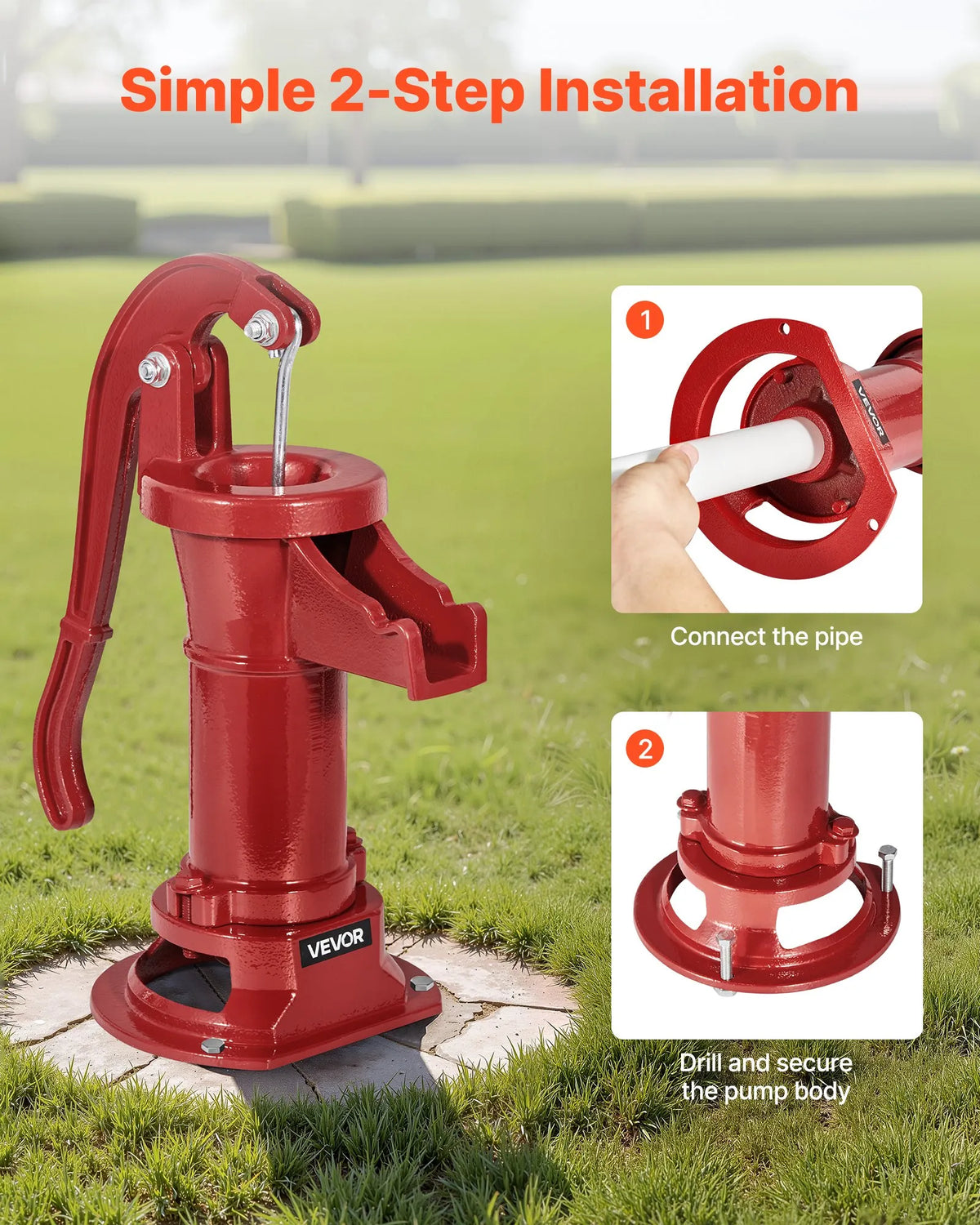 VEVOR Manual Cast Iron Well Hand Pump, Lifting Height up to 7.6 m, NPT 1¼″ Connection, Antique Design Water Pump for Outdoor Use in Garden, Pond, Yard and Farm, Red
