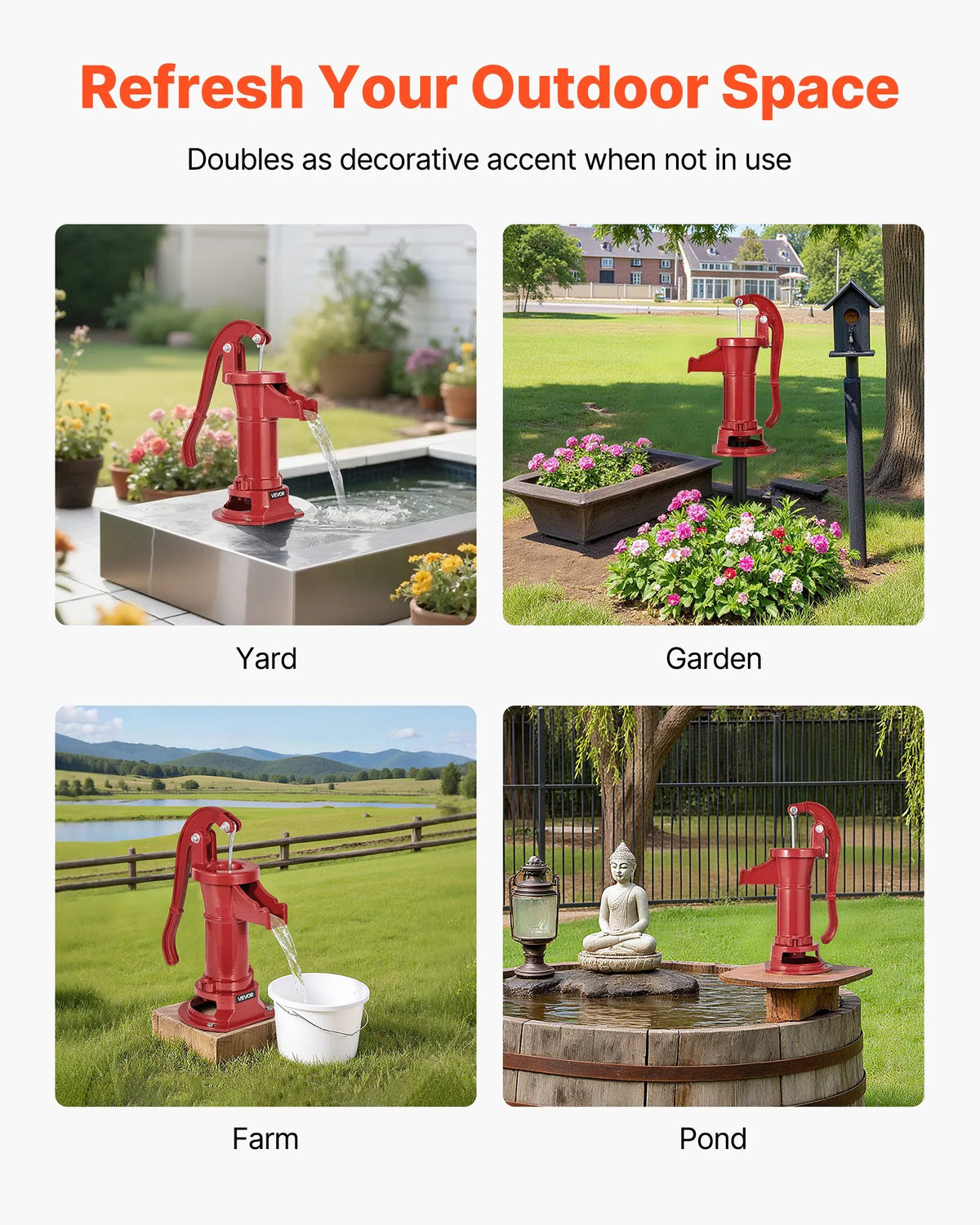 VEVOR Manual Cast Iron Well Hand Pump, Lifting Height up to 7.6 m, NPT 1¼″ Connection, Antique Design Water Pump for Outdoor Use in Garden, Pond, Yard and Farm, Red