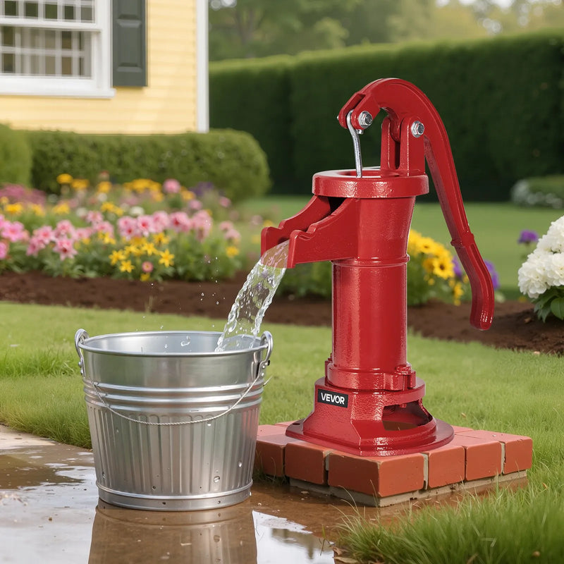 VEVOR manuālais akas rokas sūknis no čuguna, pacelšanas augstums līdz 7,6 m, NPT 1¼″ pieslēgums, antīka dizaina ūdens sūknis āra lietošanai dārzā, dīķī, pagalmā un saimniecībā, sarkanā krāsā