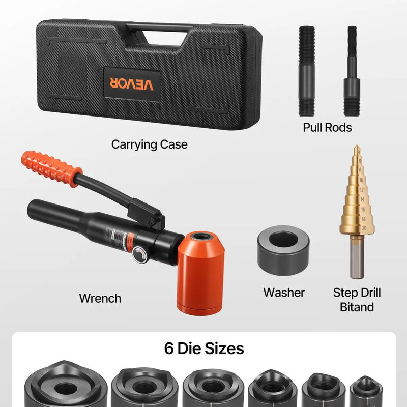 VEVOR hidrauliskais caurumu izsišanas instrumentu komplekts, 98,07 kN, caurumu diametrs 12,7–50,8 mm, ar 6 matricām, metāla elektroinstalācijas un vadības skapjiem