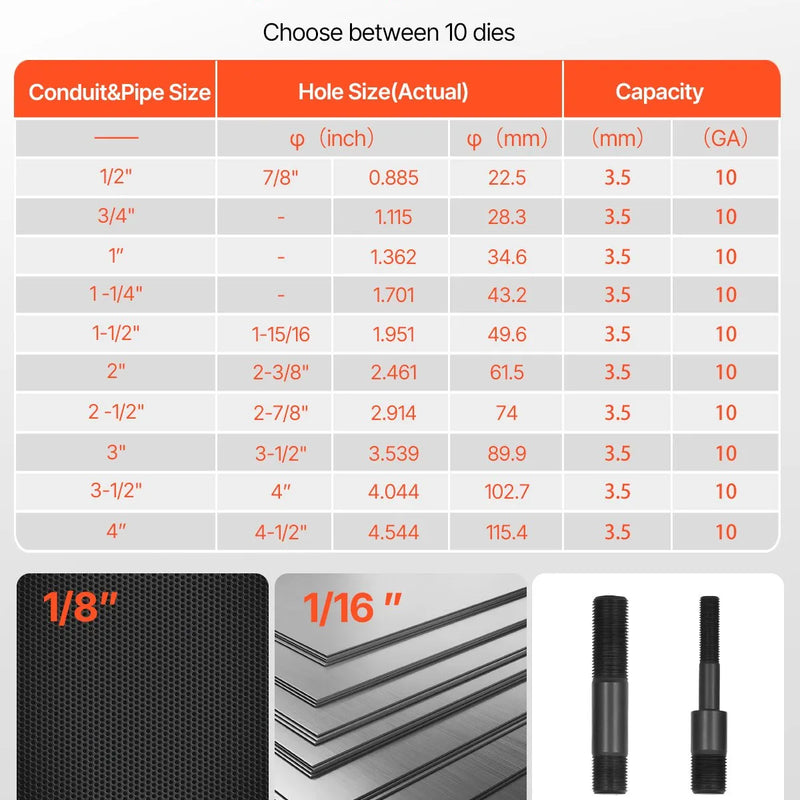 VEVOR hidrauliskais caurumu izsišanas komplekts 147,1 kN, caurumu izveides instrumentu komplekts 12,7–101,6 mm ar 10 matricām metāla elektroinstalācijas, vadības un sadales skapjiem