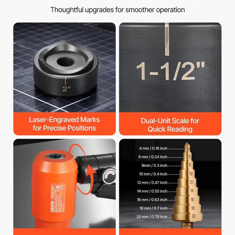 VEVOR hidrauliskais caurumu izsišanas komplekts 147,1 kN, caurumu izveides instrumentu komplekts 12,7–101,6 mm ar 10 matricām metāla elektroinstalācijas, vadības un sadales skapjiem