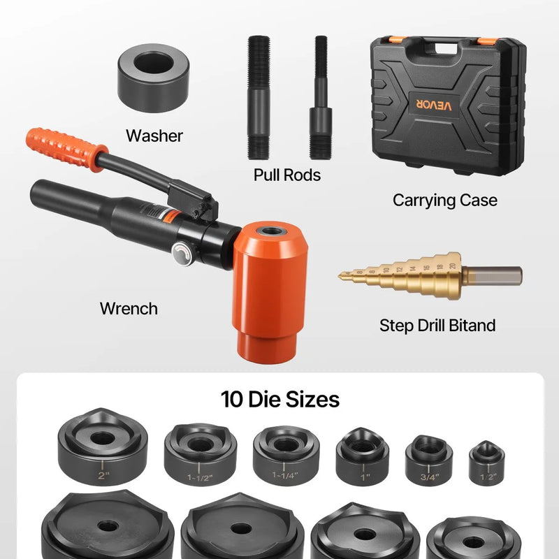 VEVOR hidrauliskais caurumu izsišanas komplekts 147,1 kN, caurumu izveides instrumentu komplekts 12,7–101,6 mm ar 10 matricām metāla elektroinstalācijas, vadības un sadales skapjiem